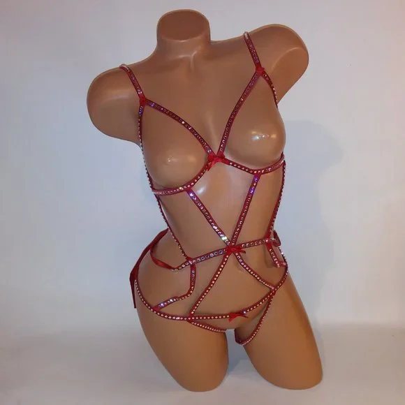 Victoria Secret Lingerie Teddy One Piece XL Red Silver Bling Studded Strappy Ver